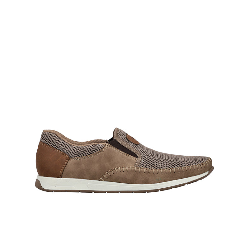 Men's slip-on sneakers, khaki mesh upper with brown panels and white sole