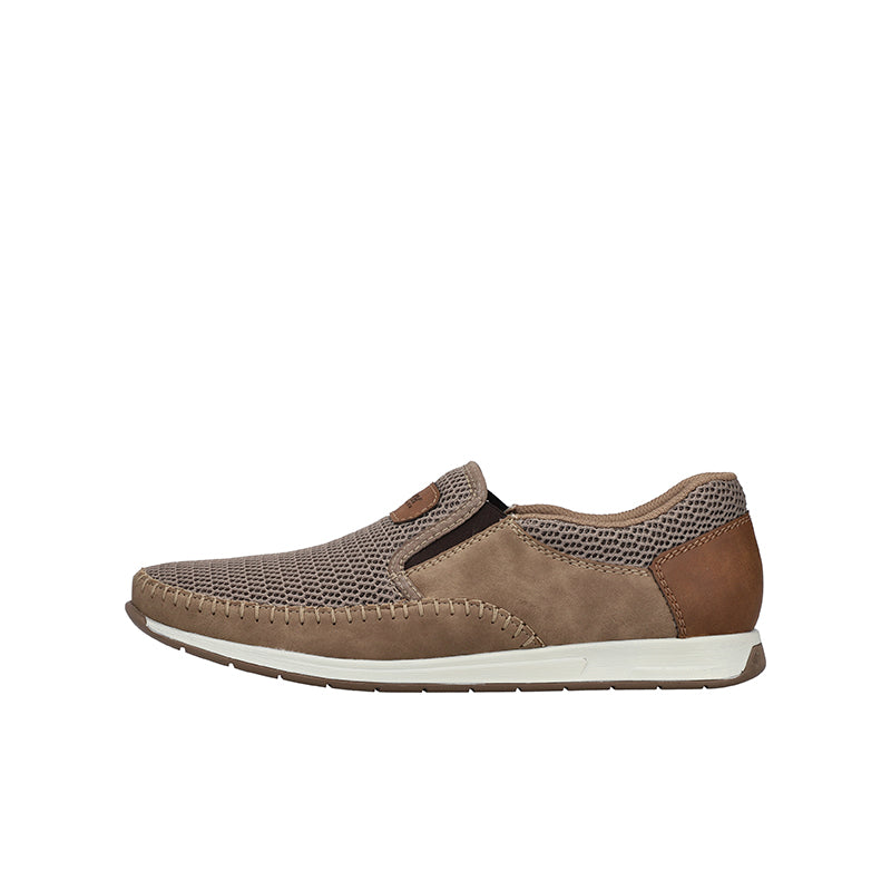 Men's slip-on sneakers, khaki mesh with brown accents and white sole