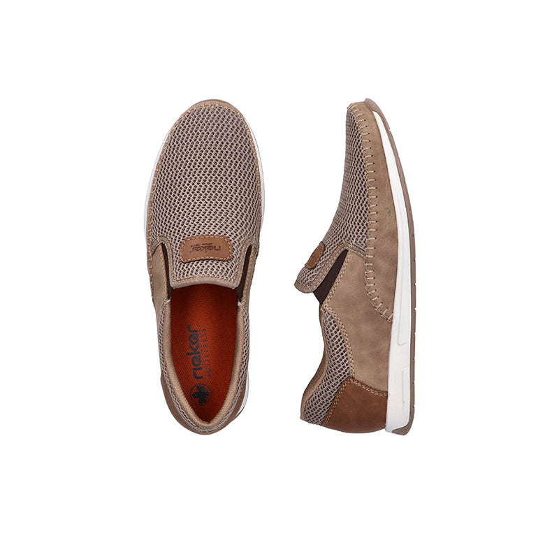 Men's slip-on sneakers, khaki mesh and brown side panels with white sole