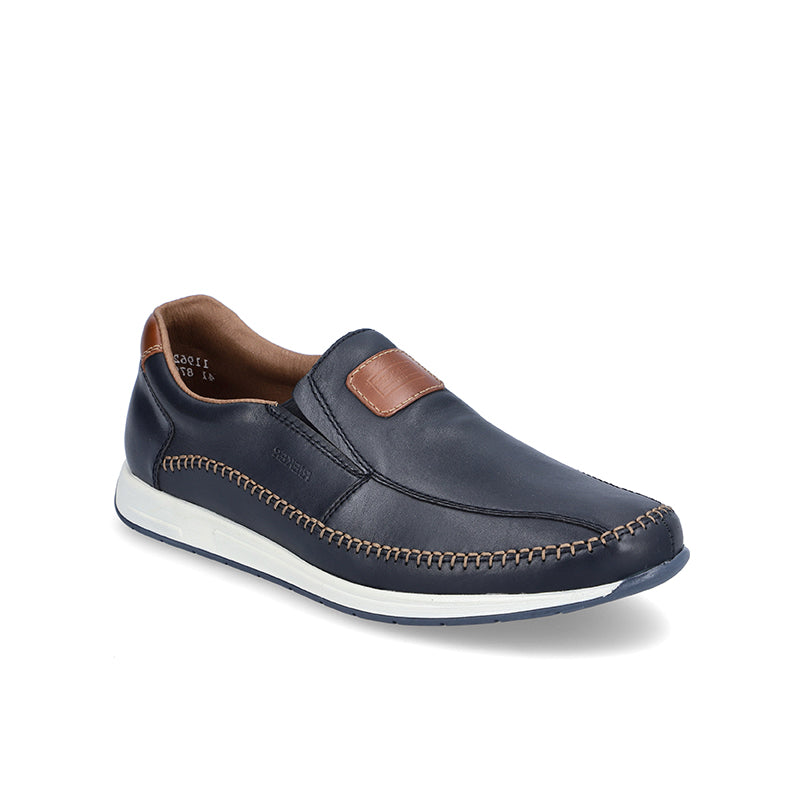 Men's blue leather slip-on loafers with brown buckle detail and stitched apron