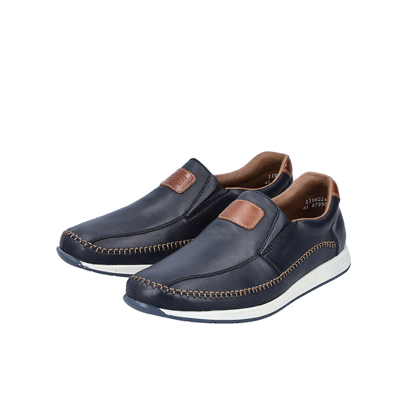 Men's blue leather slip-on loafers with brown strap accents and cushioned collar