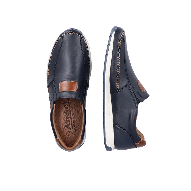 Men's blue leather slip-on loafers with brown heel tab and side cutout