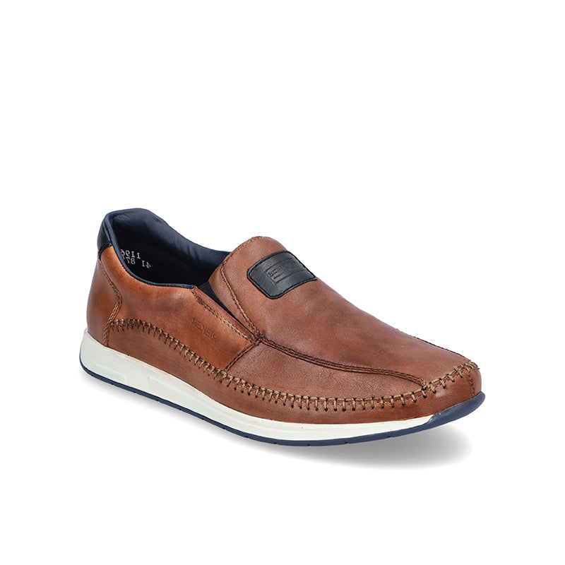 Men's brown leather slip-on loafers with stitched apron and padded heel tab