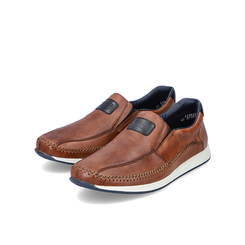 Men's brown leather slip-on loafers with dark lining and side seam stitching