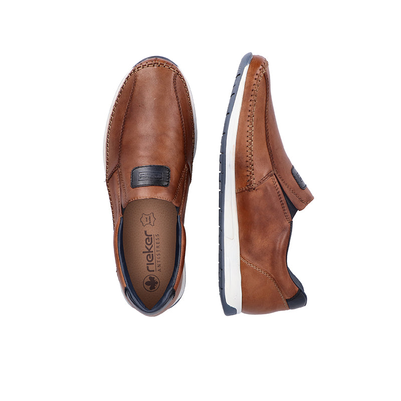 Men's brown leather slip-on loafers with padded collar and blue sole edge