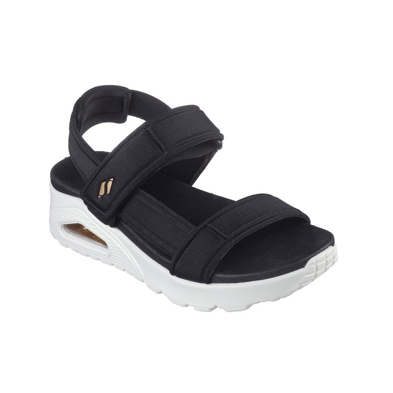 Black sport sandals with two hook-and-loop straps and cushioned white sole