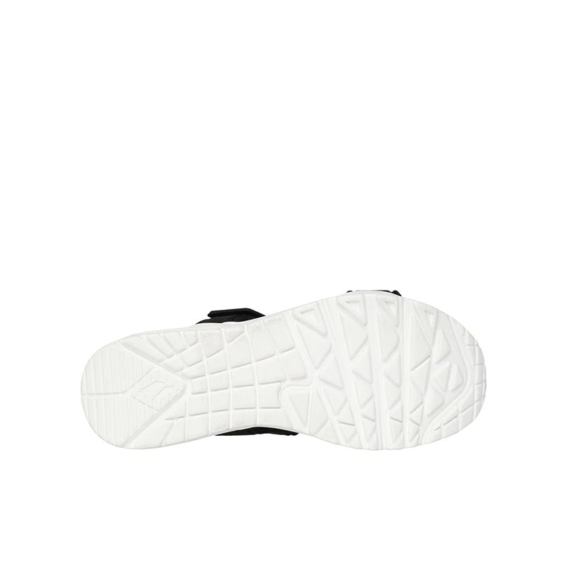 Black sport sandal outsole with grippy tread on a white sole