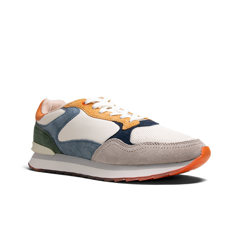 Multicolor leather low-top sneakers with white laces and orange, blue, and green panels