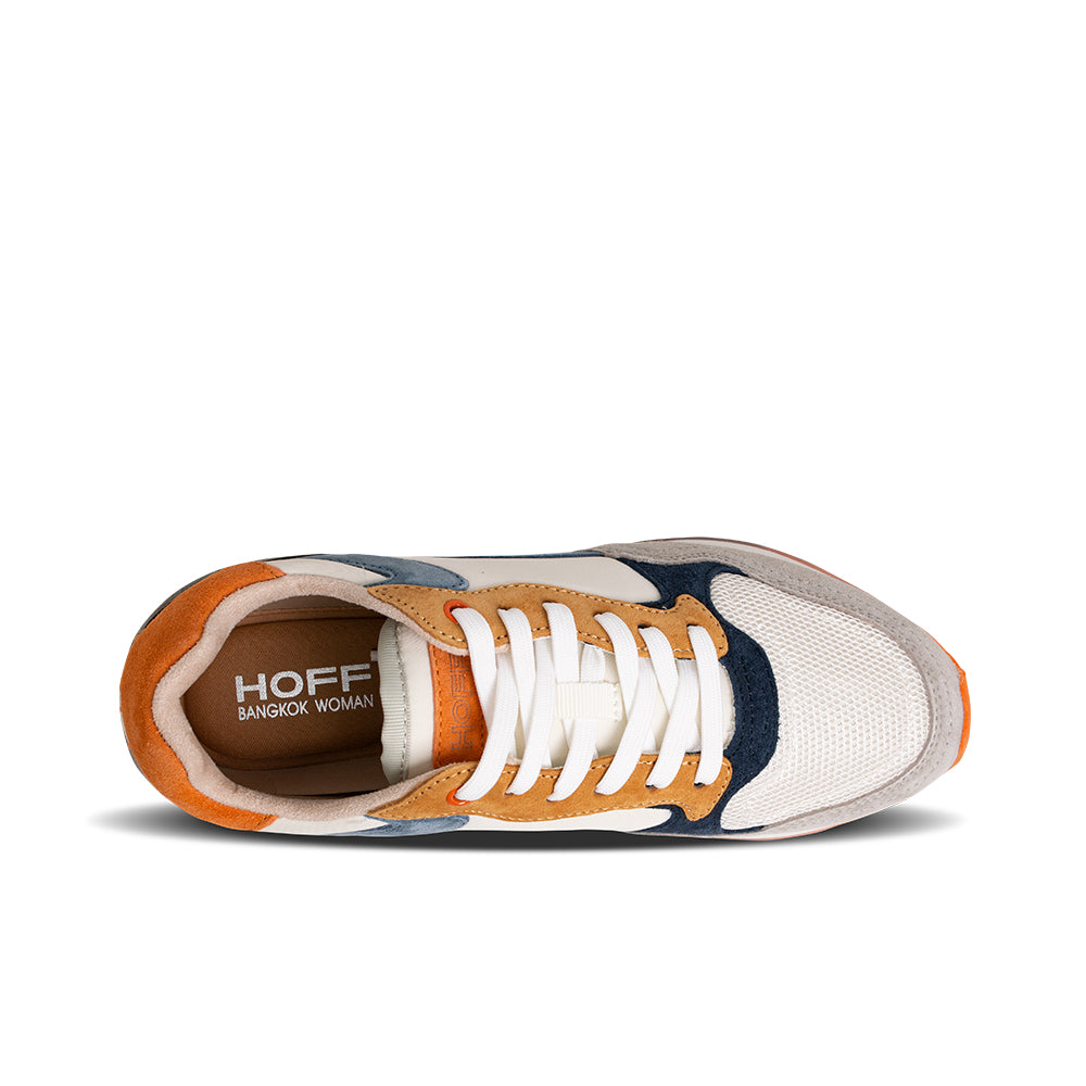 Multicolor leather sneakers, open tongue and laces, interior lining visible