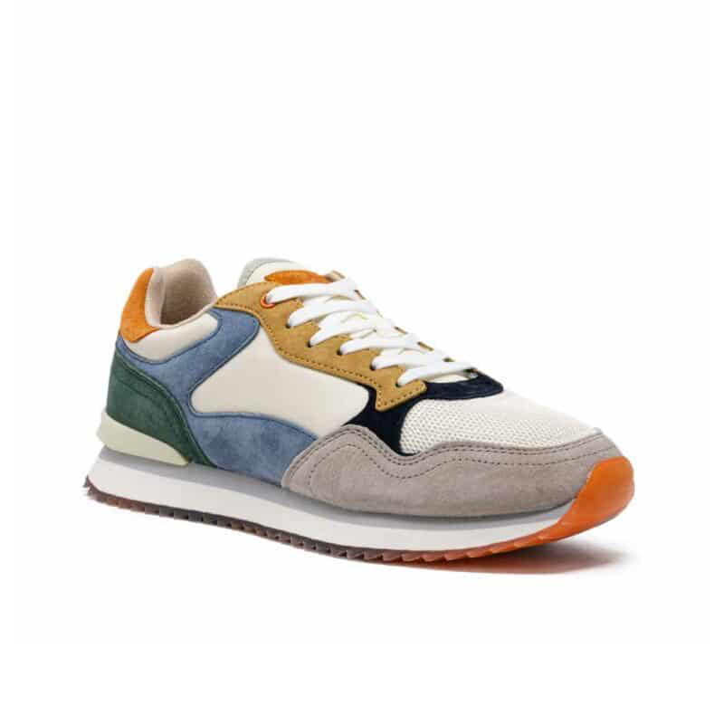 Men's leather sneakers with white, blue, green, and orange color-block panels and orange heel