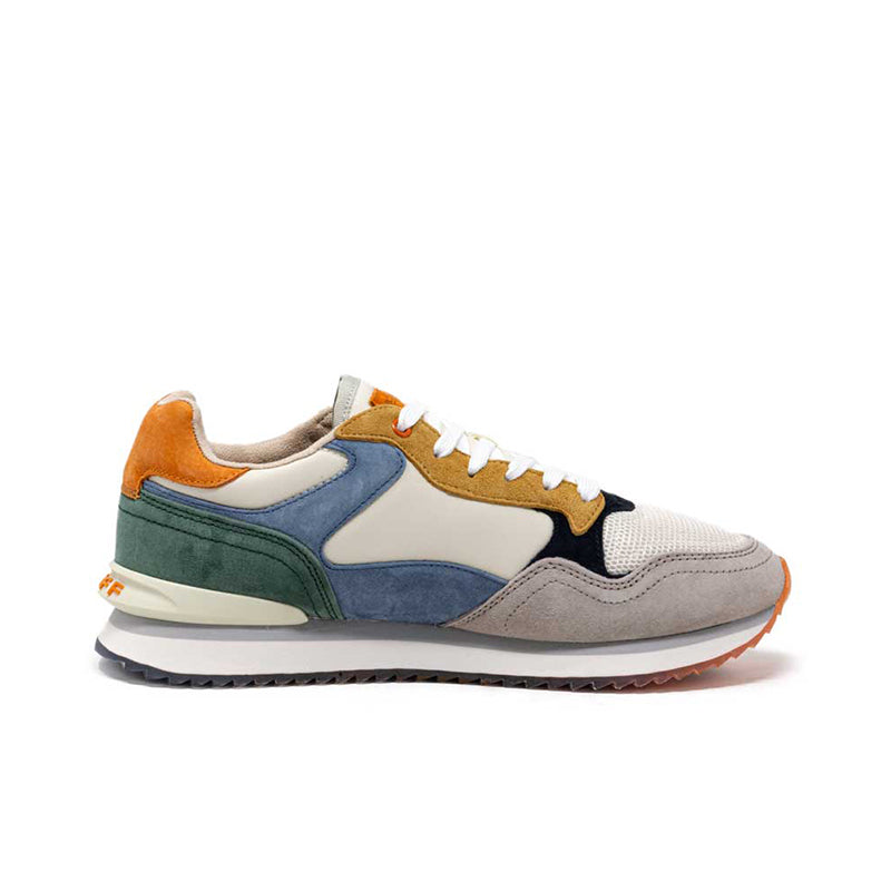 Men's leather sneakers front-side view with beige, blue, green, and orange detailing