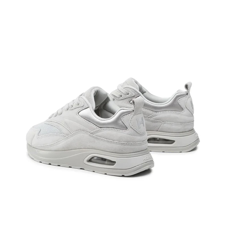 Women's light grey lace-up sneakers, rear side view, padded collar
