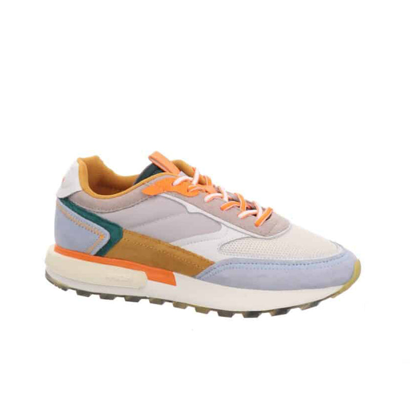 Women’s fashion sneakers with orange laces, multicolor panels, and cushioned sole