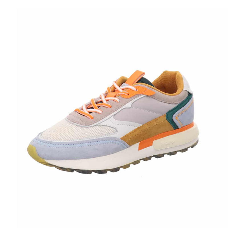Women’s fashion sneakers in light blue with orange laces, brown and teal side panels