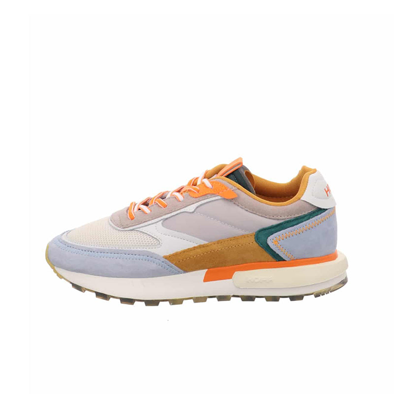 Women’s fashion sneakers with orange laces, light blue uppers, and multicolor trims