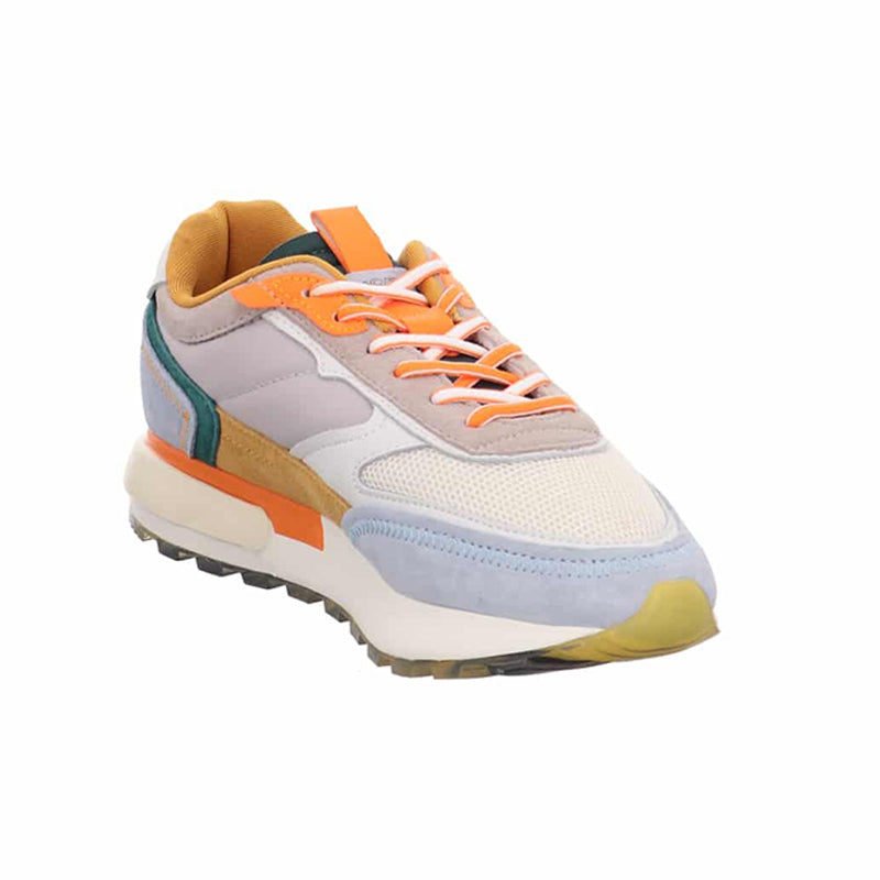 Women’s fashion sneakers with orange laces, light blue toe and teal side panel detail