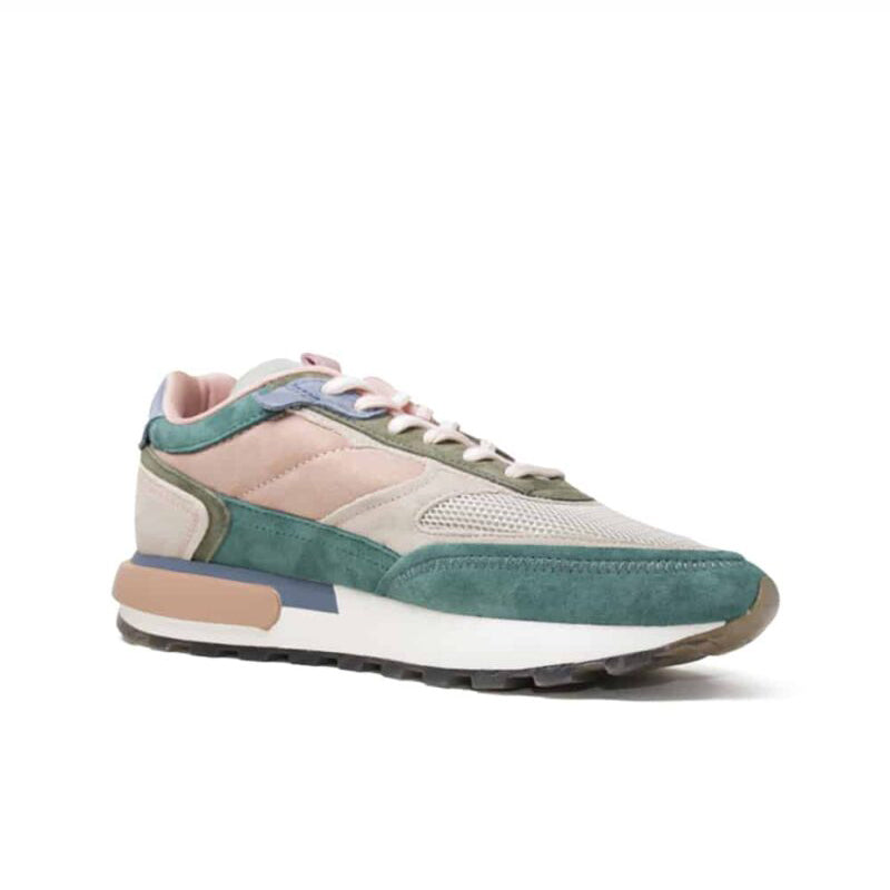 Multicolour leather women's sneaker with lace-up front and green side panel