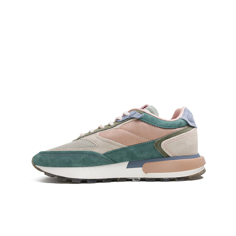 Multicolour leather sneaker with lace-up, green suede quarter and beige toe