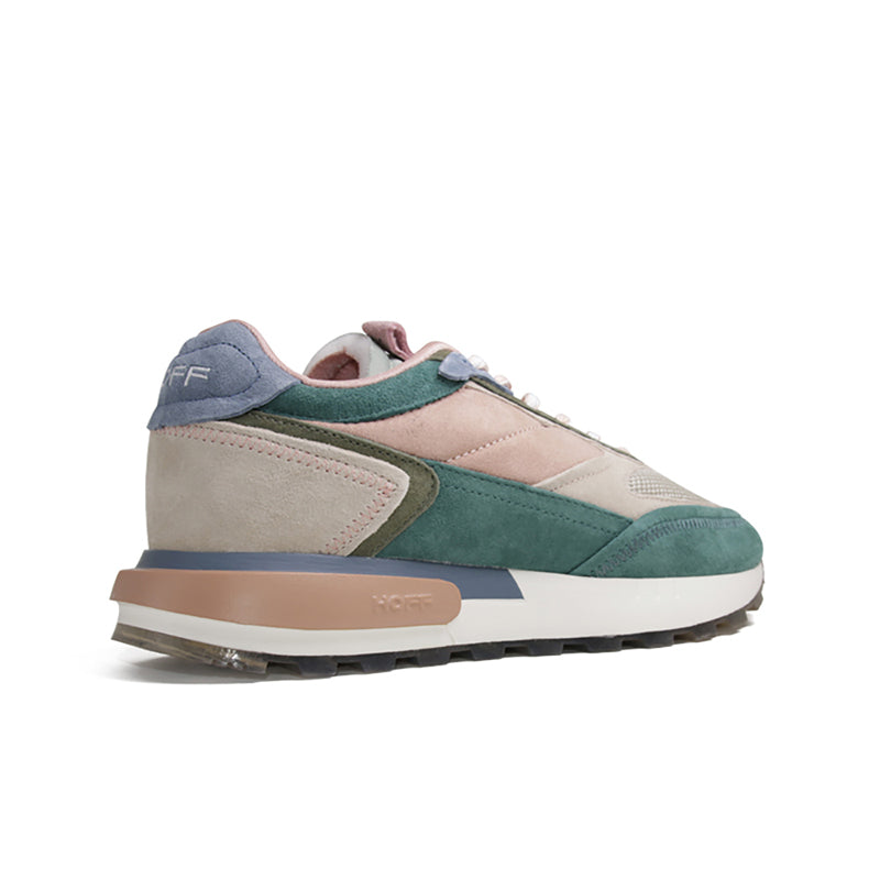 Multicolour leather sneaker with lace-up, green heel tab and blue collar
