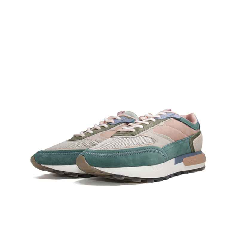 Multicolour leather sneaker with lace-up, mesh panels and green heel trim
