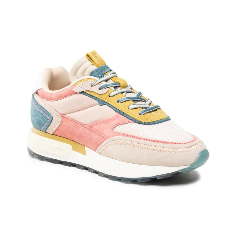 Women’s sneakers, beige and pink with blue and yellow panels, lace-up, cushioned sole