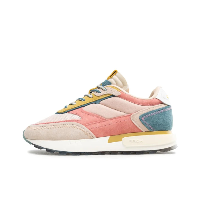Women’s lace-up sneakers with beige base, pink overlays, blue heel patch, yellow accents