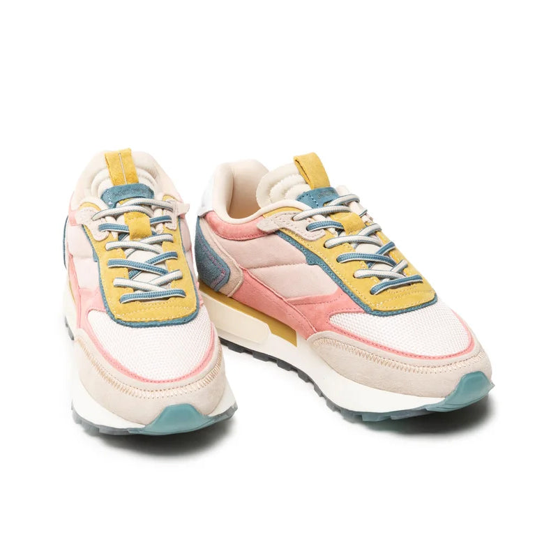 Pair of women’s lace-up sneakers in beige, pink, and multicolour panels, padded collar