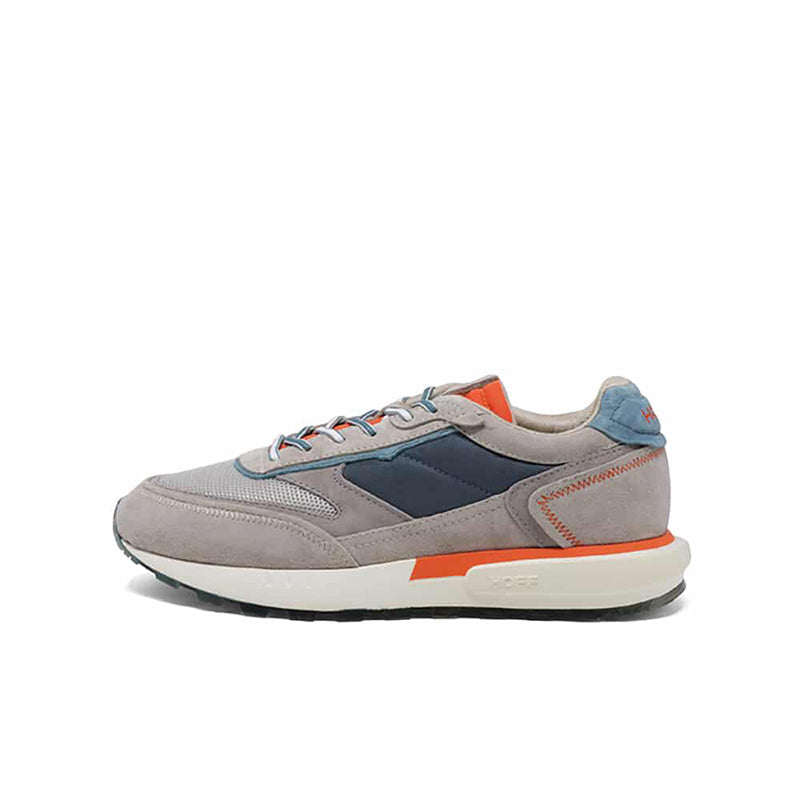 Men's casual lace-up sneakers, light gray with dark blue sides, orange heel stripe