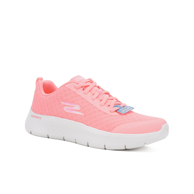 Women’s pink textile lace-up sneaker with white sole and Skechers logo on side