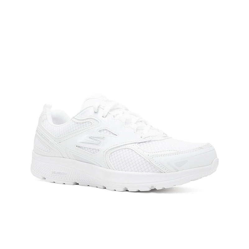 White women's running sneaker with mesh upper, lace-up front, padded collar, tread sole