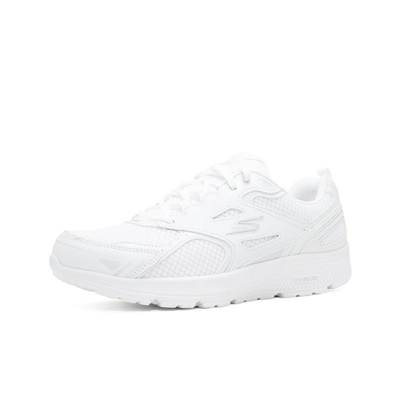 White women's running sneaker with lace-up front, mesh upper, chunky tread sole