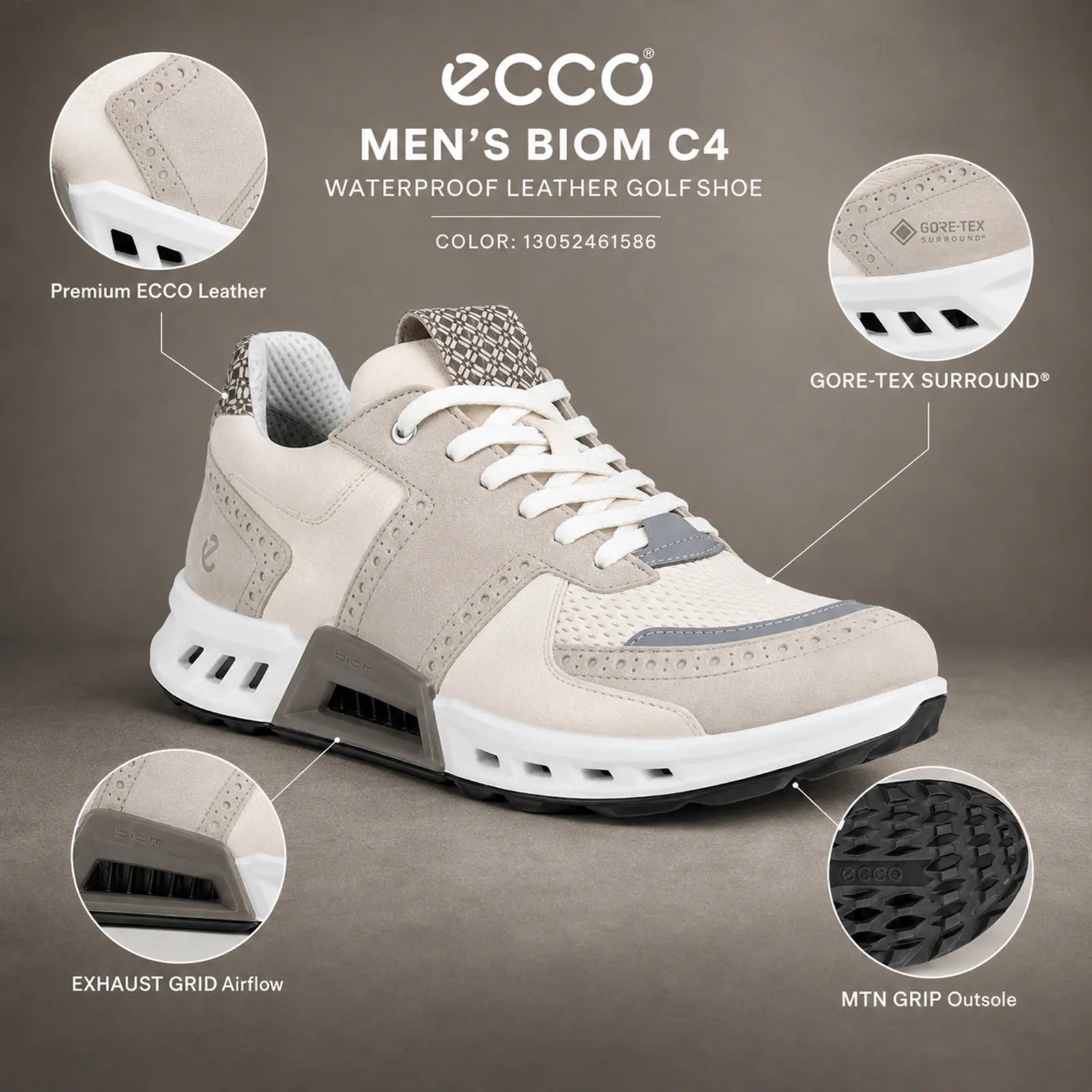 ECCO BIOM C4 men's White Grey golf shoes close up showing leather upper and MTN GRIP outsole