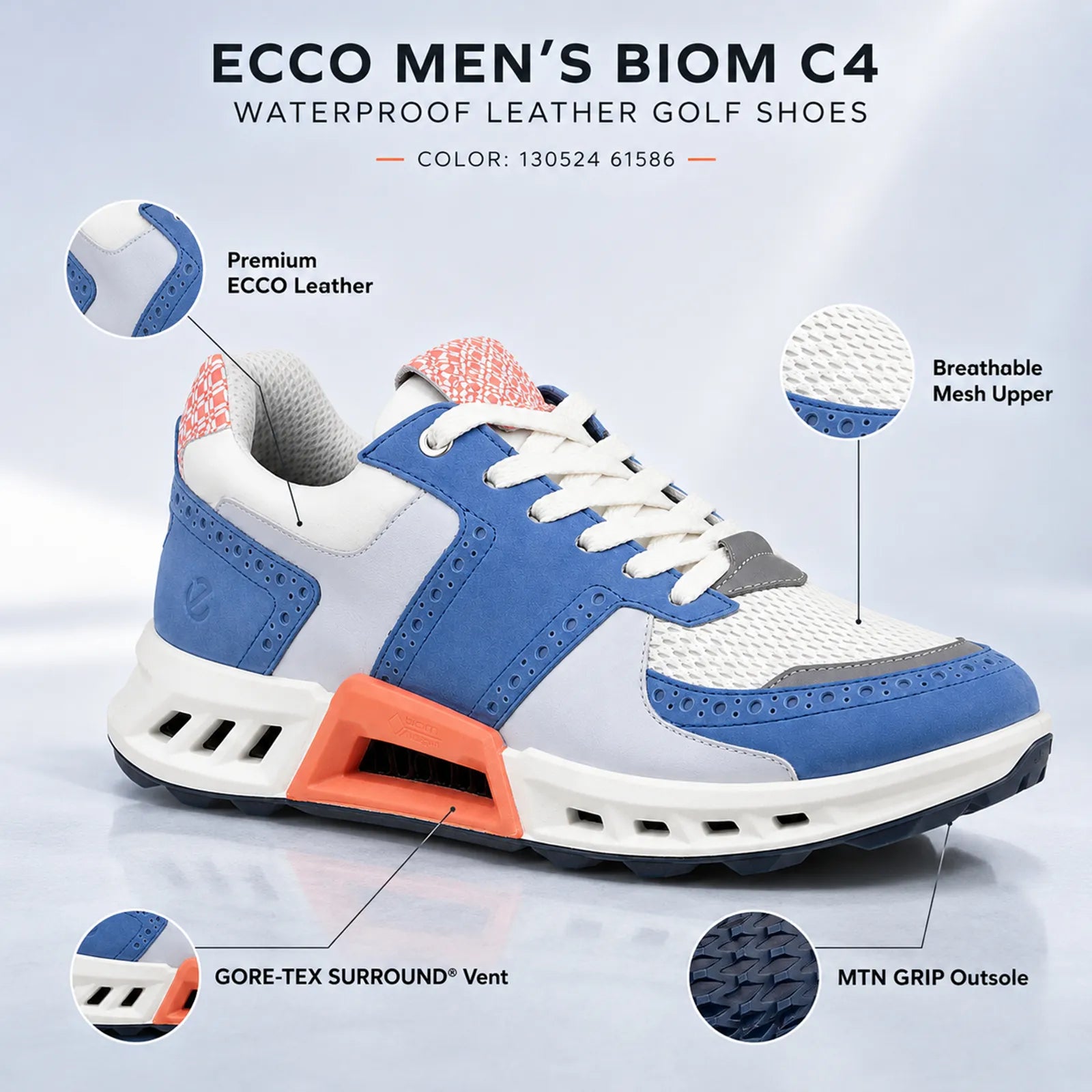 ECCO BIOM C4 men's Federal Blue White Burnt Coral golf shoes close up showing breathable upper and traction sole