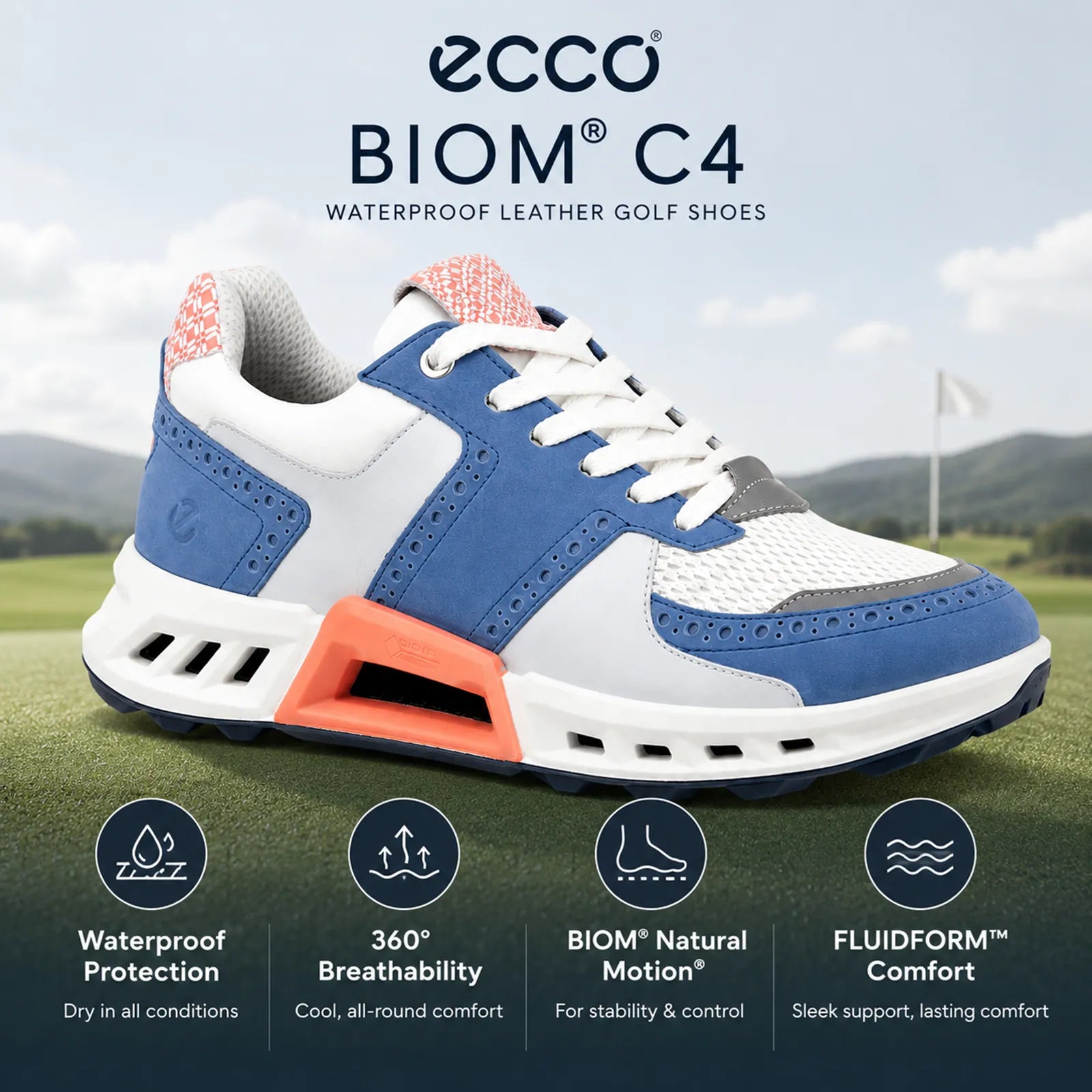 ECCO BIOM C4 men's Federal Blue White Burnt Coral waterproof golf shoes with GORE-TEX SURROUND