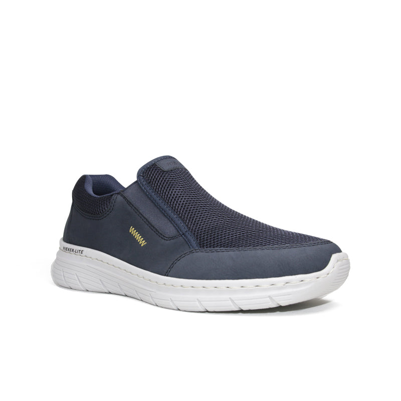 Women's slip-on sneakers, dark blue knit upper with white rubber sole