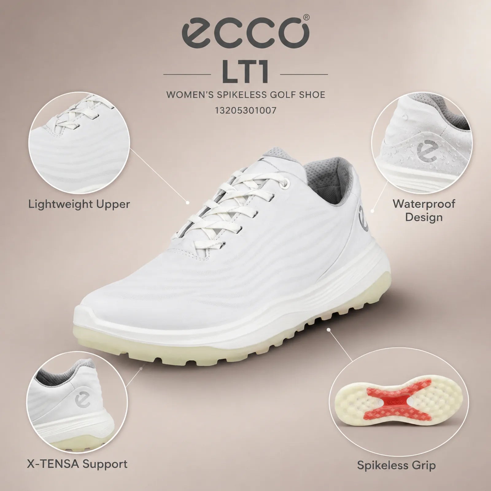 Close-up detail of ECCO LT1 women's white golf shoe upper and outsole