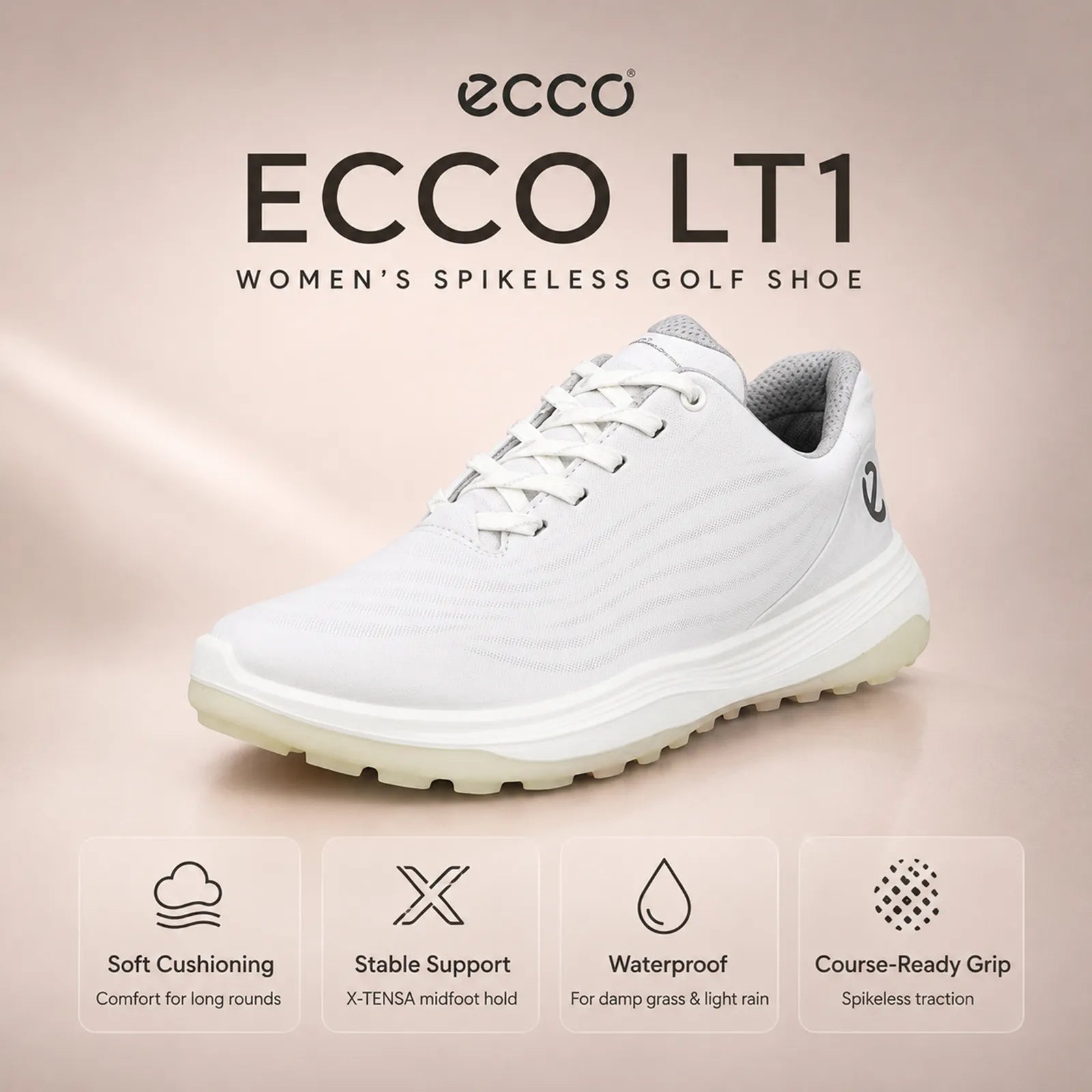 ECCO LT1 women's white golf shoe with waterproof comfort and stable traction