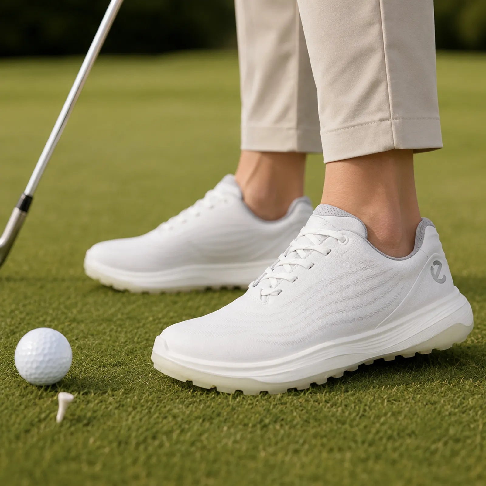 ECCO LT1 women's white golf shoes worn on the course