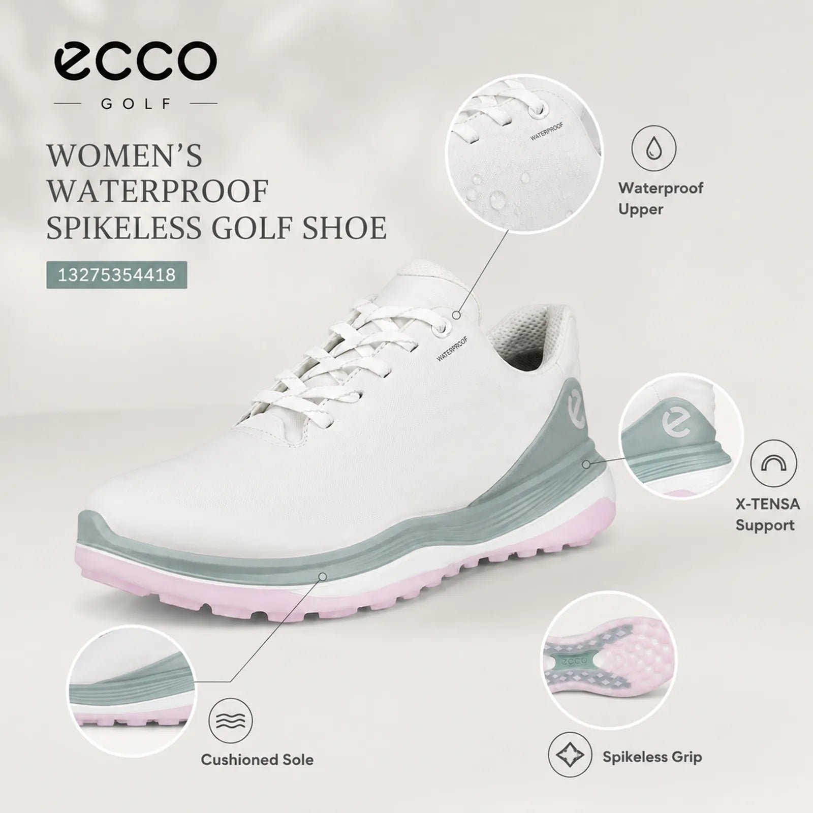 Close-up detail of ECCO LT1 women's white green golf shoe upper and outsole