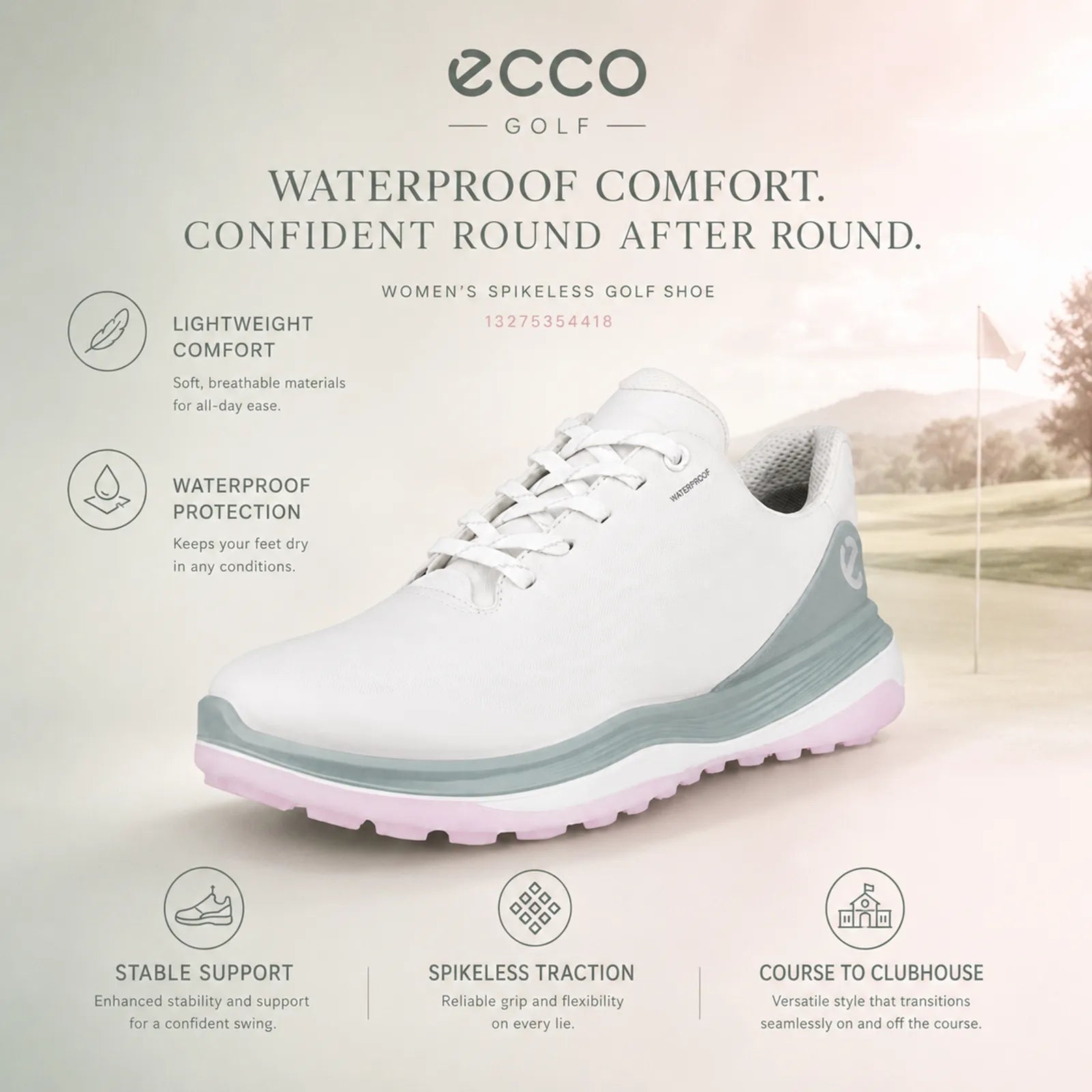 ECCO LT1 women's white green golf shoe with waterproof comfort and stable traction