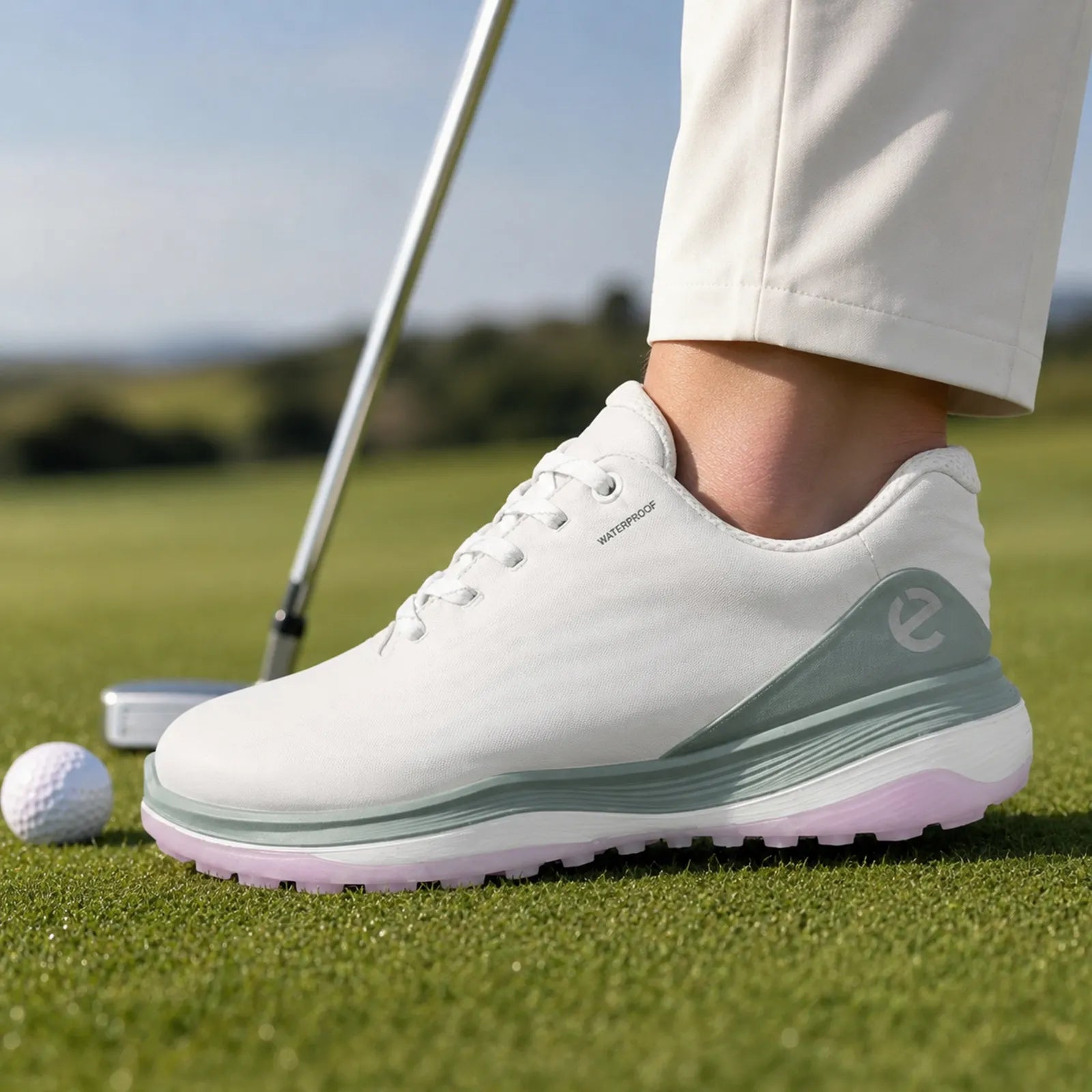 ECCO LT1 women's white green golf shoes worn on the course