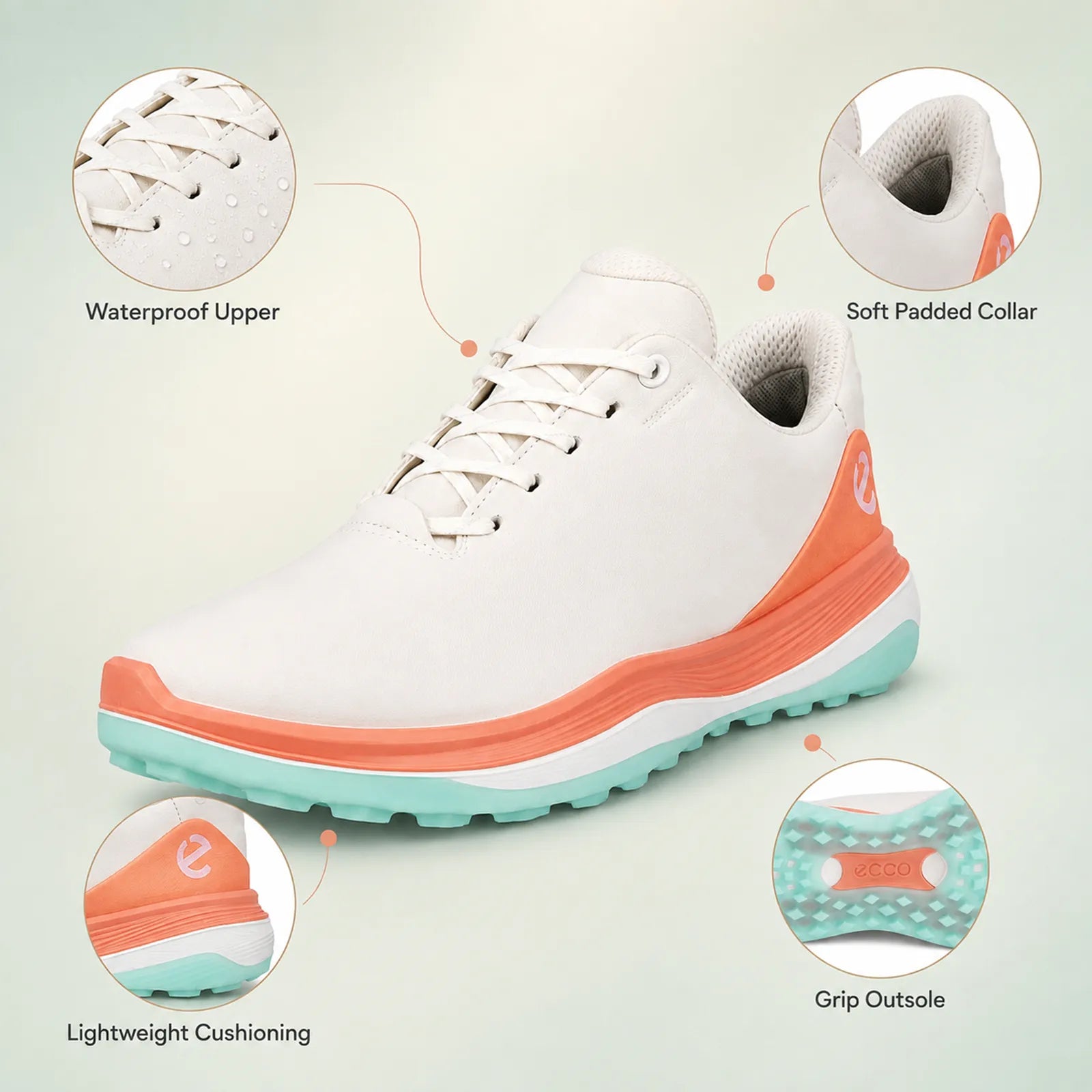 Close-up detail of ECCO LT1 women's white purple golf shoe upper and outsole
