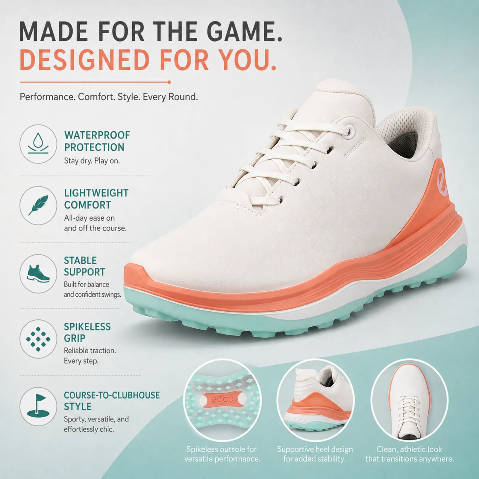 ECCO LT1 women's white purple golf shoe with waterproof comfort and stable traction