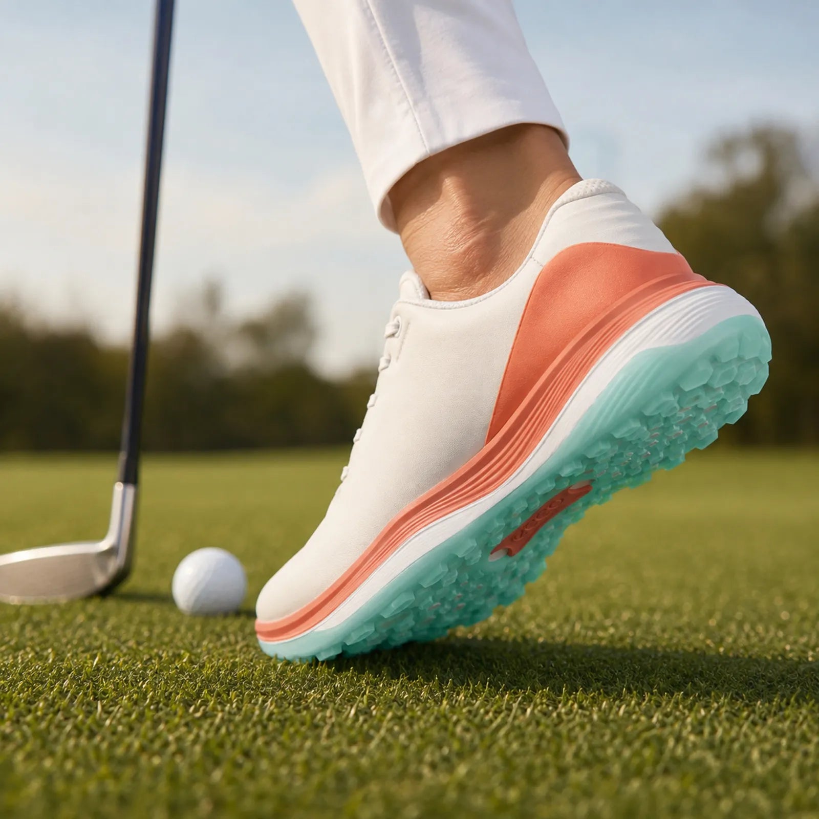 ECCO LT1 women's white purple golf shoes worn on the course