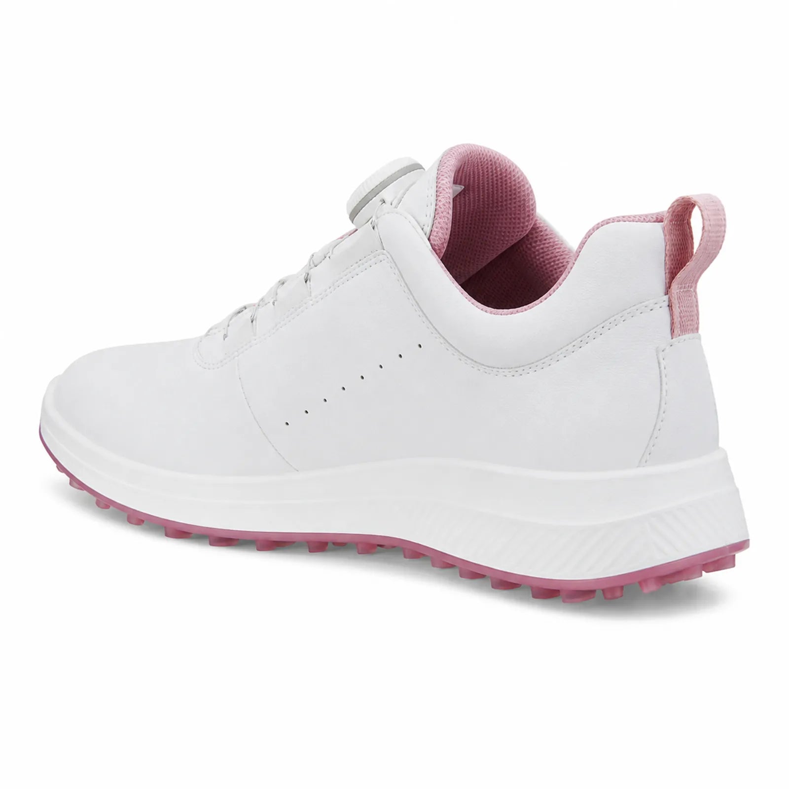 Side angle view of ECCO Golf LT1 women's White/Pink leather golf shoes