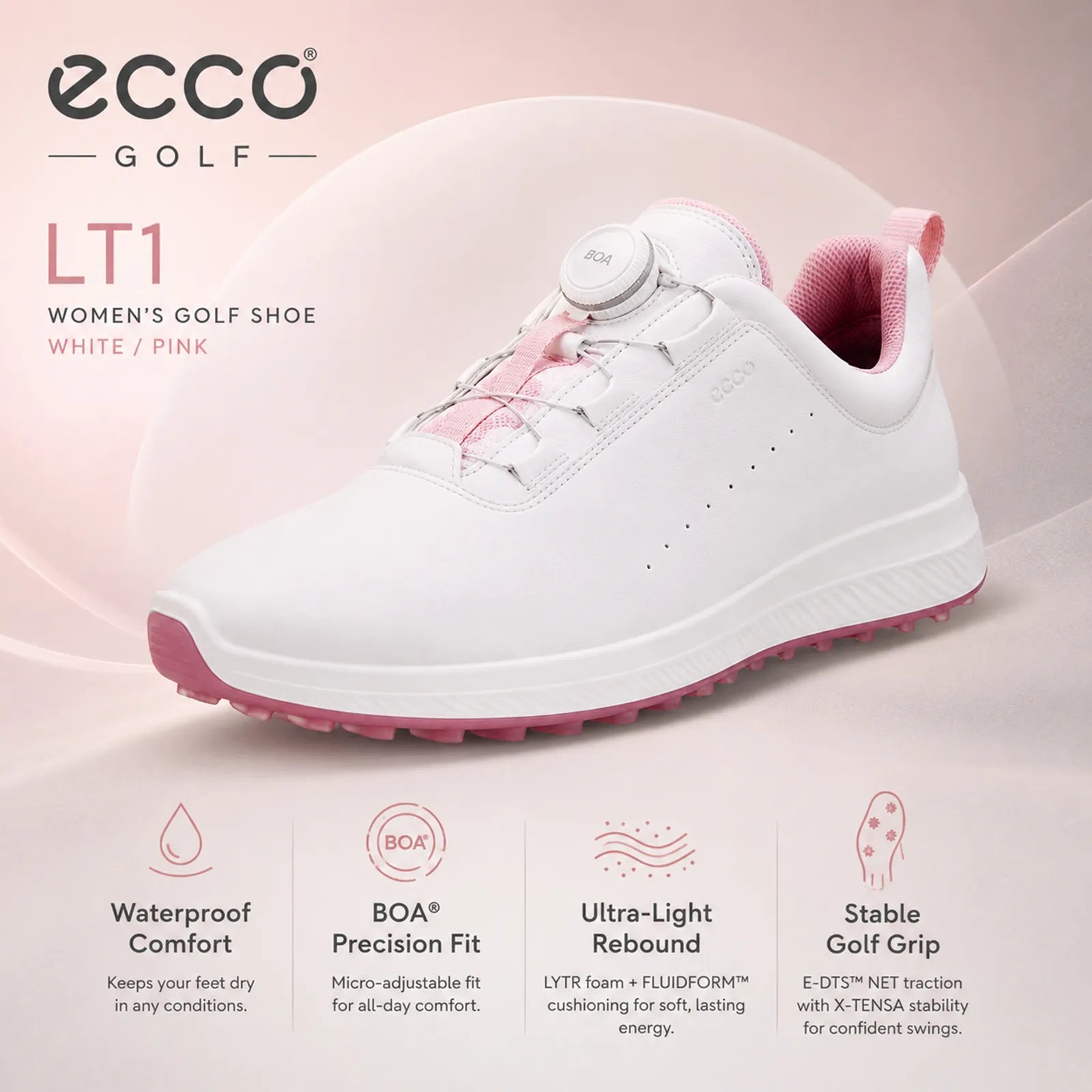 ECCO Golf LT1 women's White/Pink shoes with BOA fit, LYTR foam and E-DTS NET traction