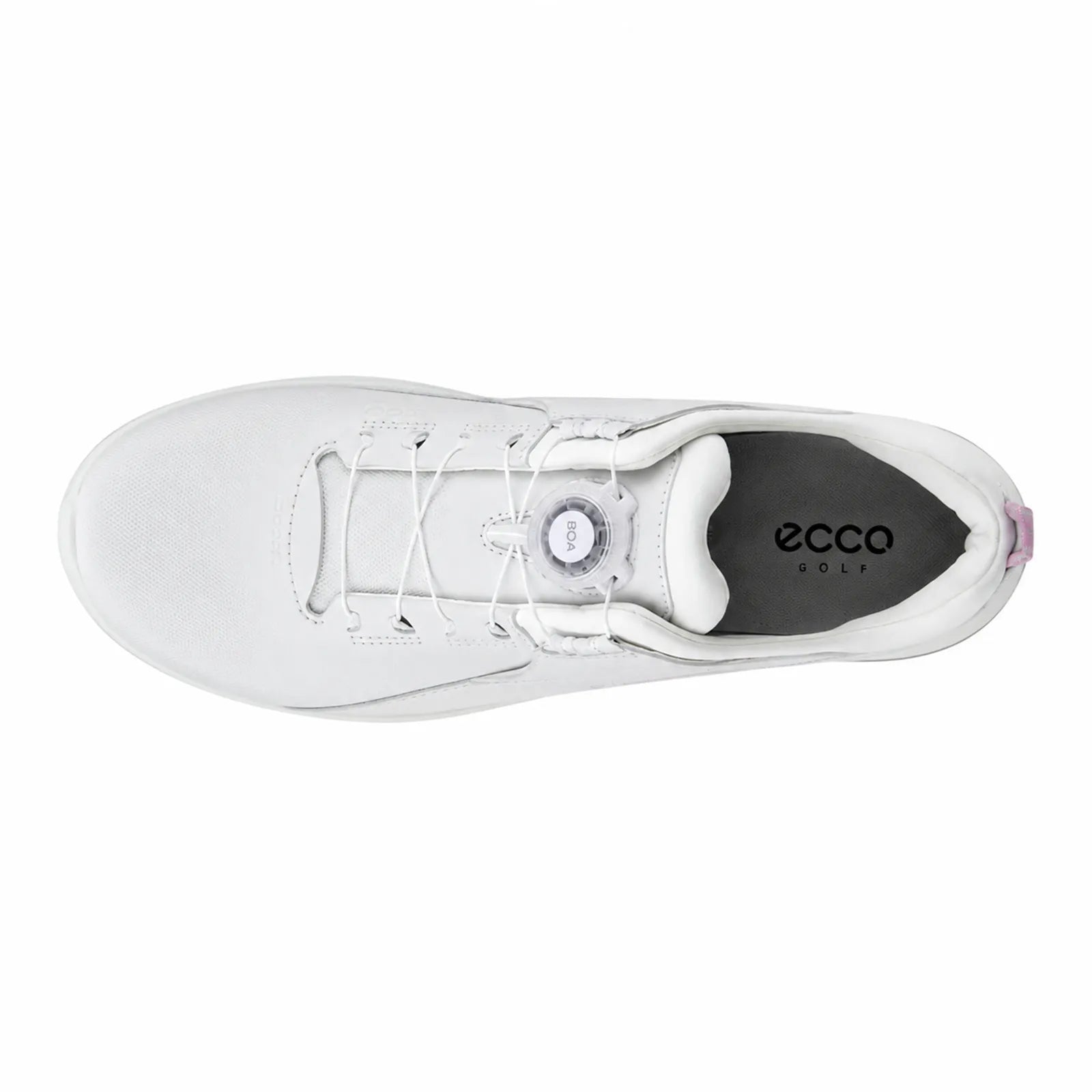 Side angle view of ECCO Biom Tour BOA women's white spiked golf shoe