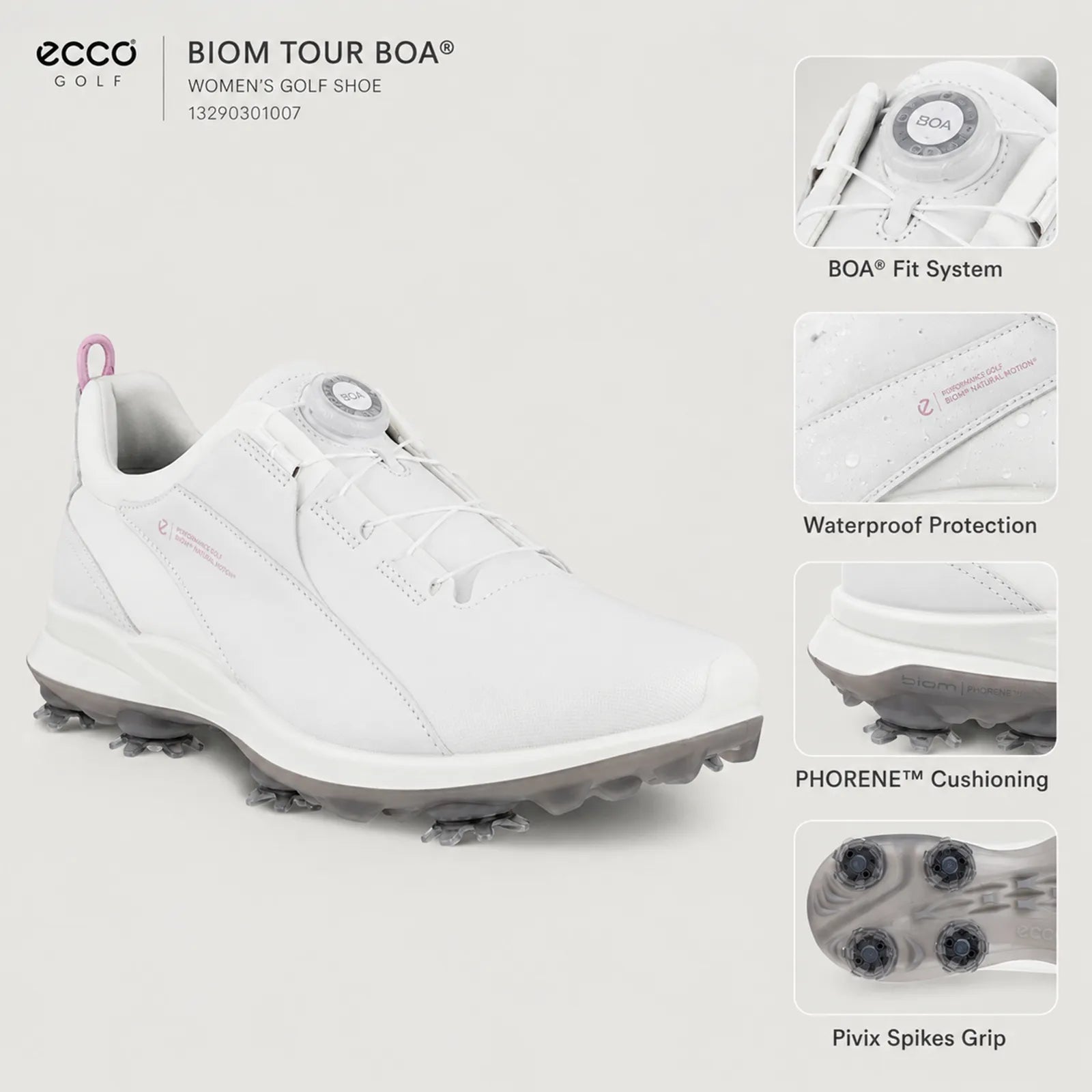 Close-up detail of ECCO Biom Tour BOA women's white golf shoe upper and spiked outsole