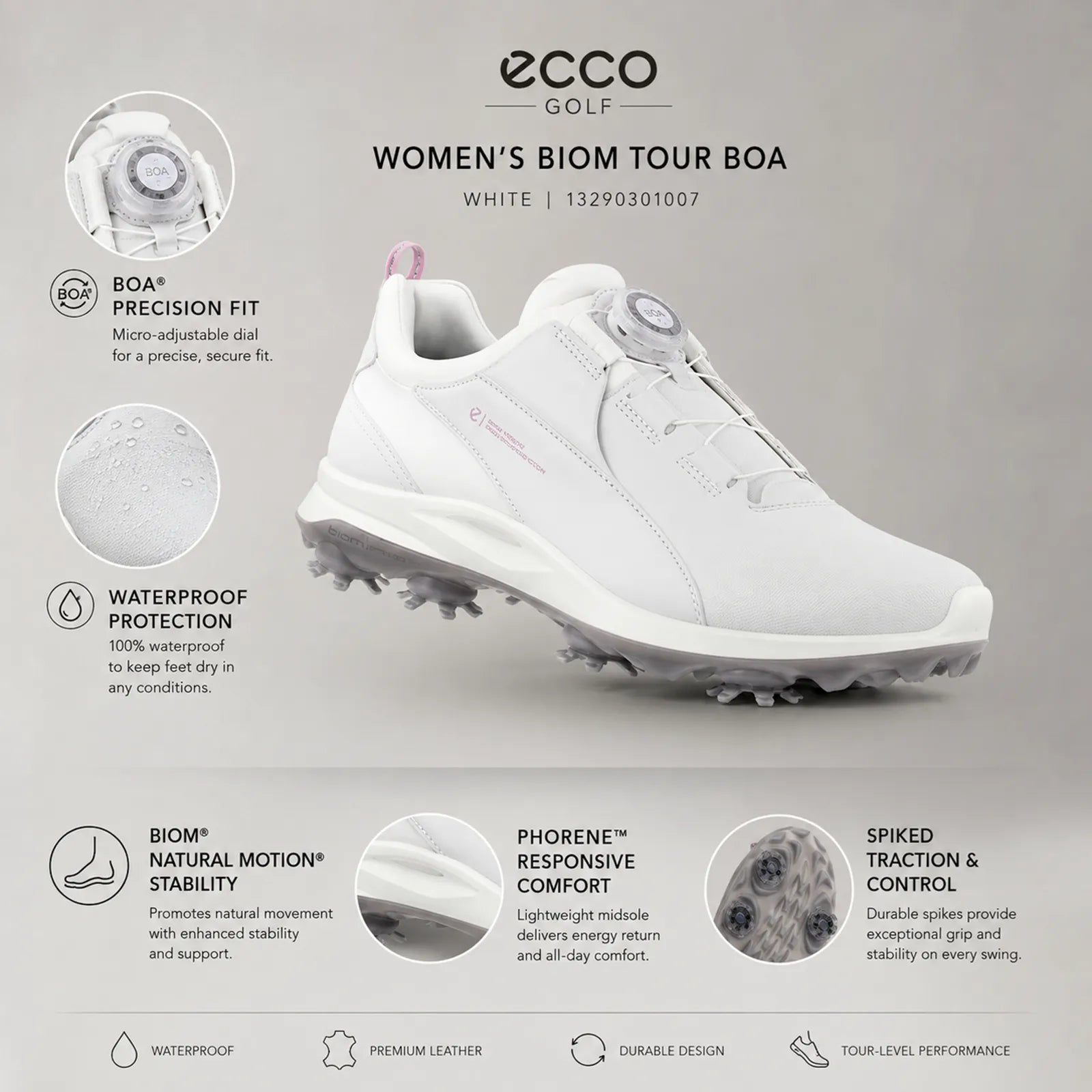 ECCO Biom Tour BOA women's white golf shoe with waterproof comfort and BOA fit