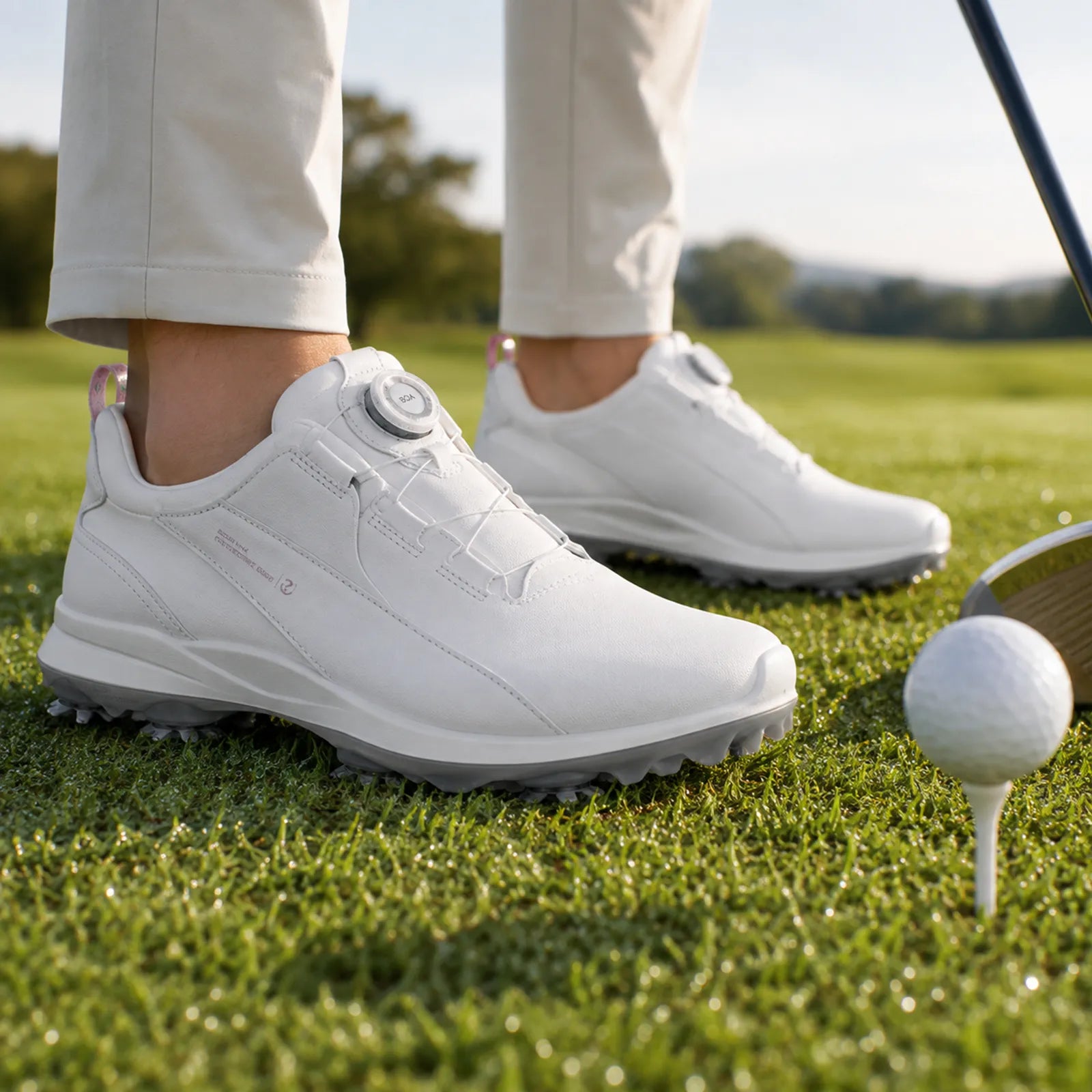 ECCO Biom Tour BOA women's white golf shoes worn on the golf course